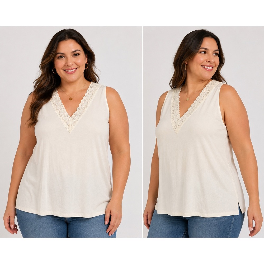 Casual Corner Annex Cream Lace Trim V-Neck Sleeveless Rayon Tank‎ Top XL